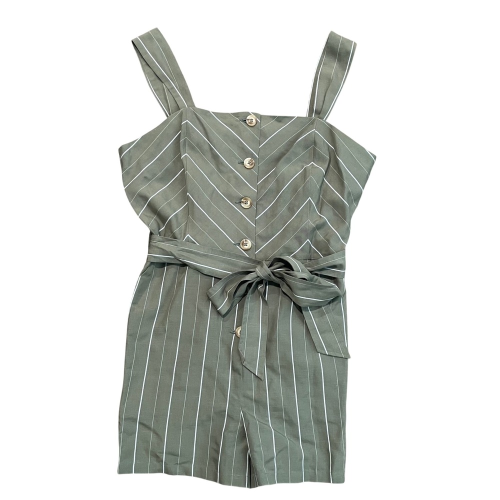 Forever Lovely Olive Green Large Striped Linen Blend Romper  LSR115518